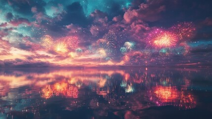 A breathtaking display of fireworks lighting up the sky, their colorful explosions mirrored perfectly in the water below
