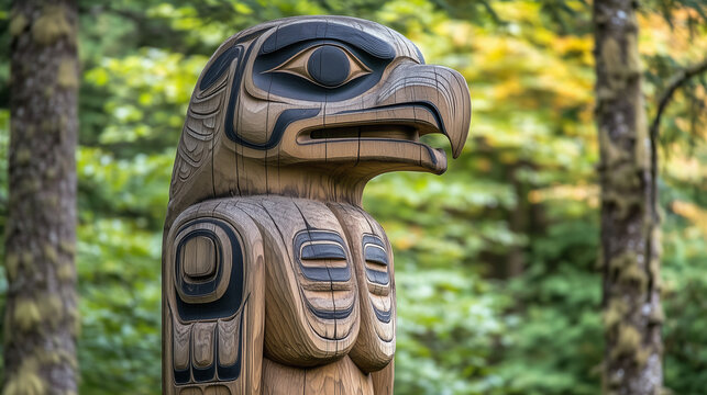 A tranquil Alaskan Native totem pole standing tall in a forest, showcasing detailed carvings.