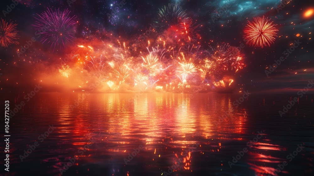 Poster a dazzling array of fireworks bursting in the night sky, their vibrant reflections shimmering on the