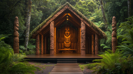 Fototapeta premium A traditional Maori meeting house adorned with intricate carvings, surrounded by lush greenery. v3