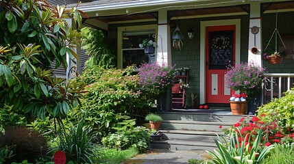Obraz premium Beautiful and tiny residence with grown foliage a front porch bouquet and eggs springs