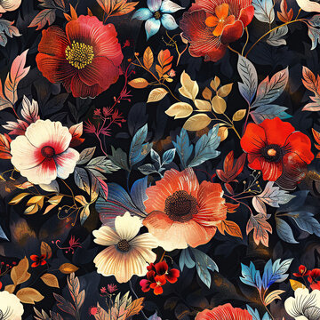 Seamless pattern with flowers. Floral allover watercolor dark background