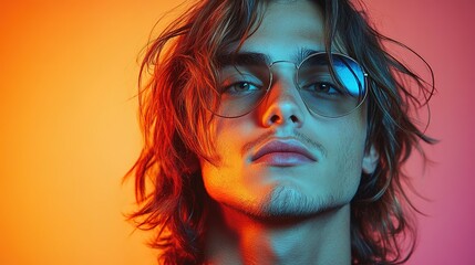 Close-up Portrait of a Young Man with Messy Hair and Sunglasses Under Neon Lighting
