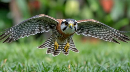 Obraz premium A hawk flying gracefully over green grass, showcasing its wings and sharp features.