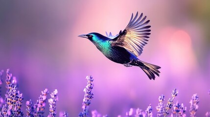 Fototapeta premium A vibrant bird in mid-flight over a field of lavender flowers.