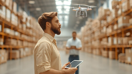 Inside an advanced logistics hub, drones assist with stocktaking by scanning inventory from high shelves, ground workers monitor operations on tablets. The future of automated warehouse management.