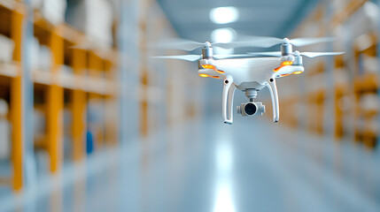A high-tech warehouse featuring drones scanning inventory above shelves, monitoring operations with tablets, the efficient integration of modern automation in inventory management and logistics.