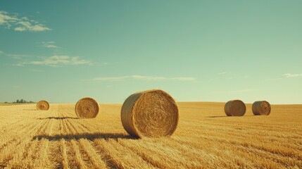 Golden hay bales in a vast harvested field, set against the clear summer sky, showcasing the results of a successful harvest.