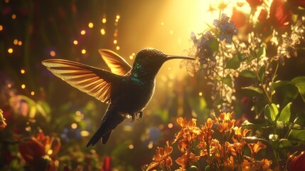 Fototapeta premium A hummingbird hovers amidst vibrant flowers, illuminated by soft sunlight.