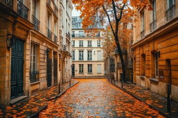 Fototapeta premium A serene autumn street lined with fallen leaves and charming architecture.