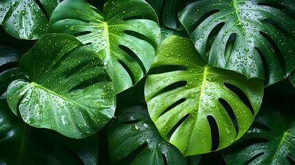 Fototapeta premium Green Tropical Leaves with Water Droplets - Illustration
