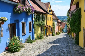 A picturesque street featuring colorful houses and cobblestone pathways in a quaint village.