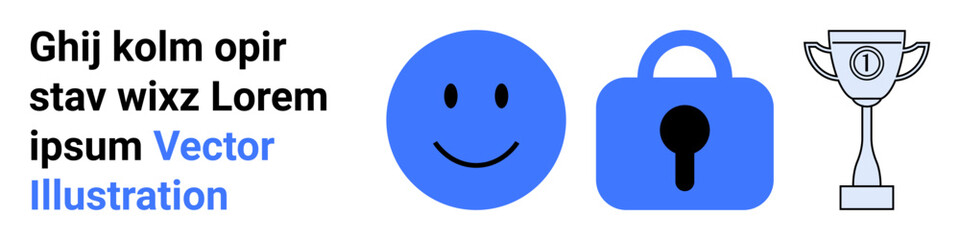 Three icons including a happy face, a security lock and a trophy. Ideal for security, happiness, achievement, success, online safety. Banner for landing page