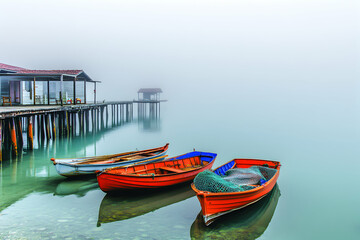 Obraz premium foggy_morning_in_a_coastal_village_with_small_woode