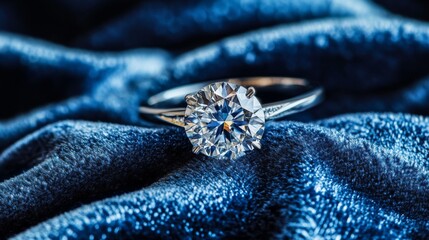 Elegant Diamond Ring on Luxurious Blue Fabric