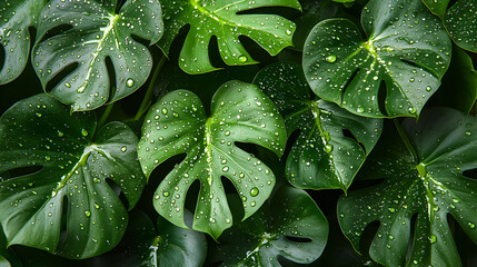Fototapeta premium Green Monstera Leaves with Dew Drops - Illustration