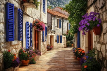 Fototapeta premium A charming stone alleyway adorned with vibrant flowers and blue shutters.