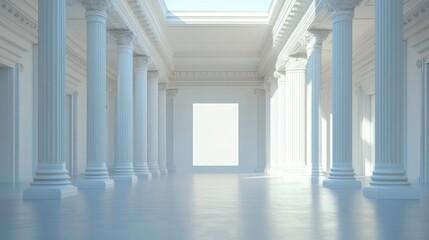 Obraz premium A serene, spacious interior with columns and a blank wall, suggesting a gallery or exhibition space.
