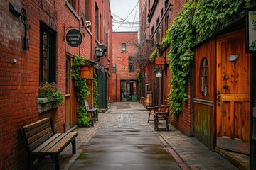 A charming alleyway lined with brick buildings and greenery, inviting exploration.