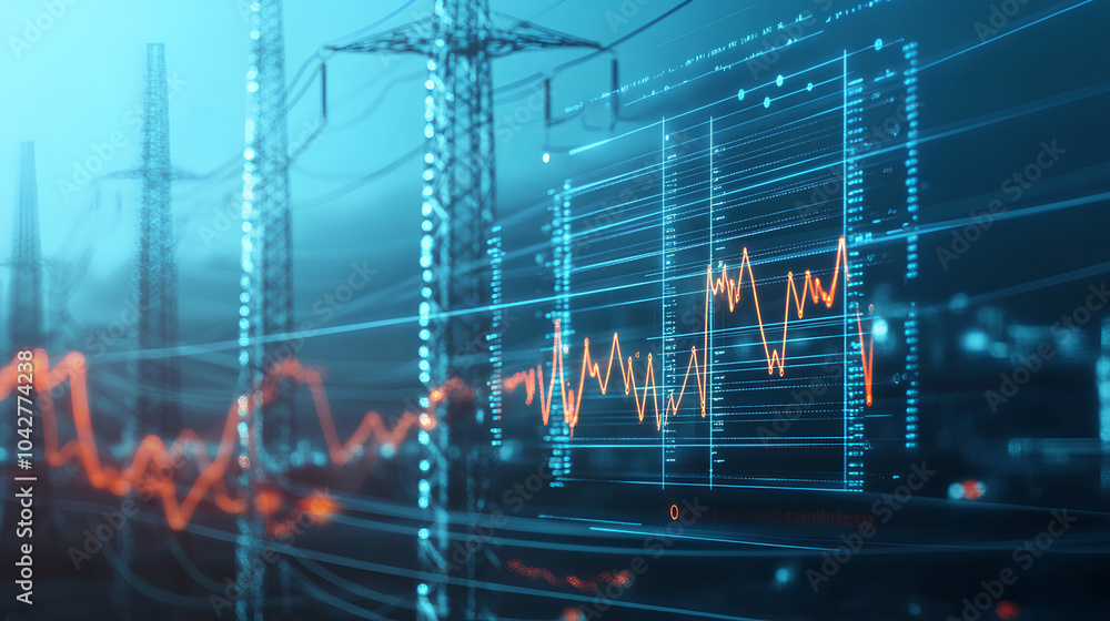 Poster high tech power grid interface displaying data analysis and price graphs, showcasing energy consumpt