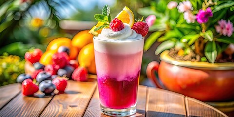 Refreshing Pink Drink with White Foam - Panoramic View, Summer Beverage, Delicious Dessert Drink, Coffee Alternative, Trendy Beverage, Instagram-worthy Drink, Vibrant Colors, Cafe Culture, Refreshment