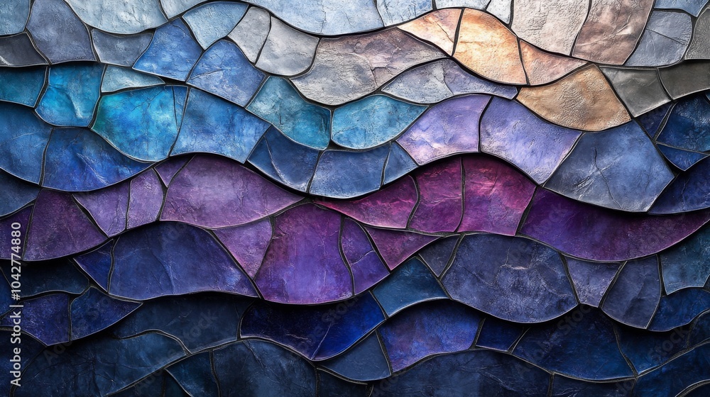 Poster this artwork features a vibrant arrangement of textured waves blending shades of purple and blue, cr