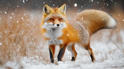 Obraz premium Red fox standing in the snow while snowing