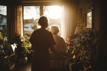 A young woman is helping an elderly woman with a walker by the window.