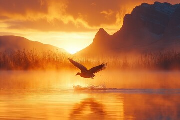 Obraz premium Duck taking flight at sunrise over a misty lake
