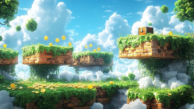 Floating Brick Platforms with Treasure Chest and Coins in a Cloudy Sky