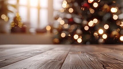 Decorated Christmas room with beautiful fir tree near the window. Utensil, Flatware for Tea, Decorations, Cookies and Bread on Wooden Table. Zero waste christmas concept. Christmas holiday background