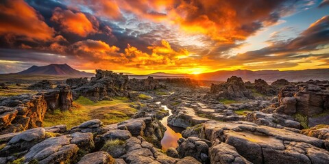 Obraz premium Icelandic landscape with lava and rocks in sunset