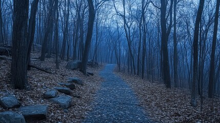 A path winds through a dense forest, the trees stripped bare, casting long shadows on the ground, with a misty, almost ethereal atmosphere.