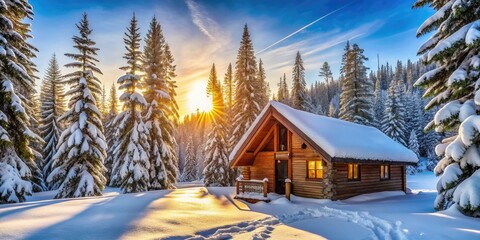 Fototapeta premium Serene Winter Getaway in a Sustainable Cabin Surrounded by Nature, Eco-Friendly Practices, Crisp Sky, Cozy Retreat, Tranquil Landscape, Winter Paradise, Nature Escape, Eco-Conscious Living