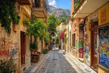 Obraz premium A picturesque alleyway adorned with vibrant graffiti and lush greenery in a quaint town.