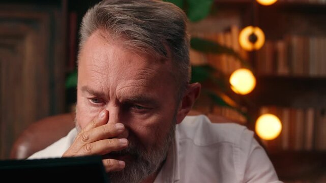Sad Caucasian old man elderly male pensioner grandfather looking photo photography past nostalgia aging regret memories grief businessman loss pain alone home business retirement memory time inside