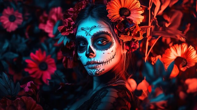 Graceful woman in floral crown and sugar skull motif