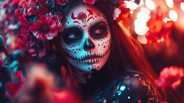 Enchanting sugar skull face adorned with red florals