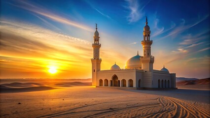 Desert mosque at sunset with a tilted angle