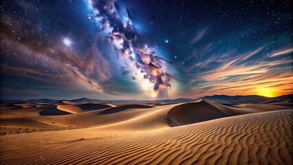 Naklejka premium Desert sand dunes under starry Milky Way night sky