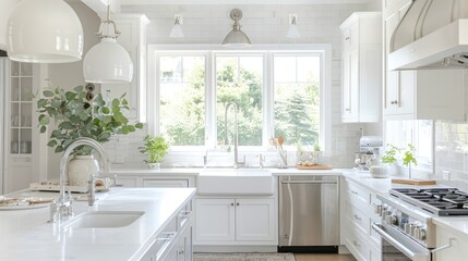 Modern kitchen with white cabinets, stainless steel appliances and a farmhouse sink.