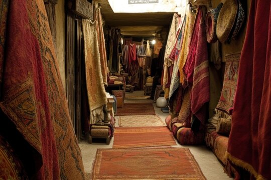 A narrow corridor lined with colorful rugs and textiles for sale.