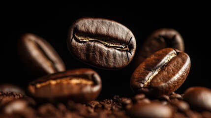 Beautiful Coffee Beans in Dark Background
