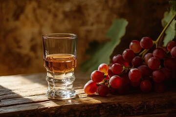 A Glass of Amber Liquid and a Bunch of Red Grapes Resting on a Wooden Surface