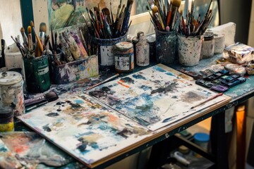 Artist's Workspace with Paintbrushes, Palettes, and Paint Supplies