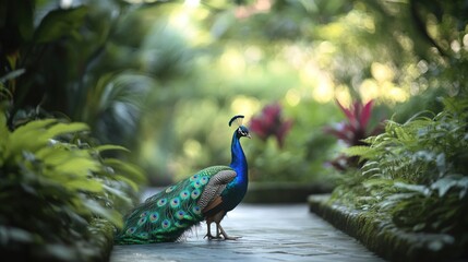 Obraz premium A vibrant peacock stands elegantly on a stone path surrounded by lush greenery.