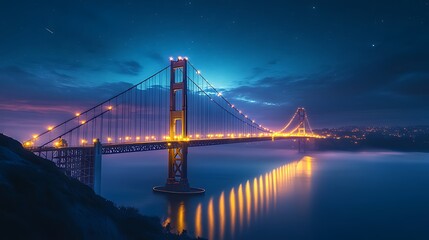 Fototapeta premium The Golden Gate Bridge at night, illuminated with lights, reflecting on the water with a beautiful sky with stars.