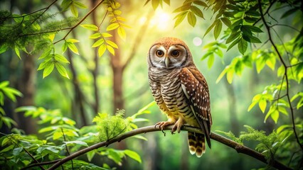 Fototapeta premium Spotted Owl Perched on a Branch in Vintage Style Photography, Lush Green Forest, Nature Close-Up, Wildlife, Birdwatching, Forest Habitat, Natural Setting, Owl Behavior, Rustic Aesthetic