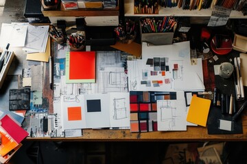 A cluttered wooden table covered in art supplies, papers, and sketches.