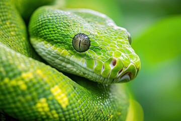 Fototapeta premium A close-up of a vibrant green snake resting on foliage.